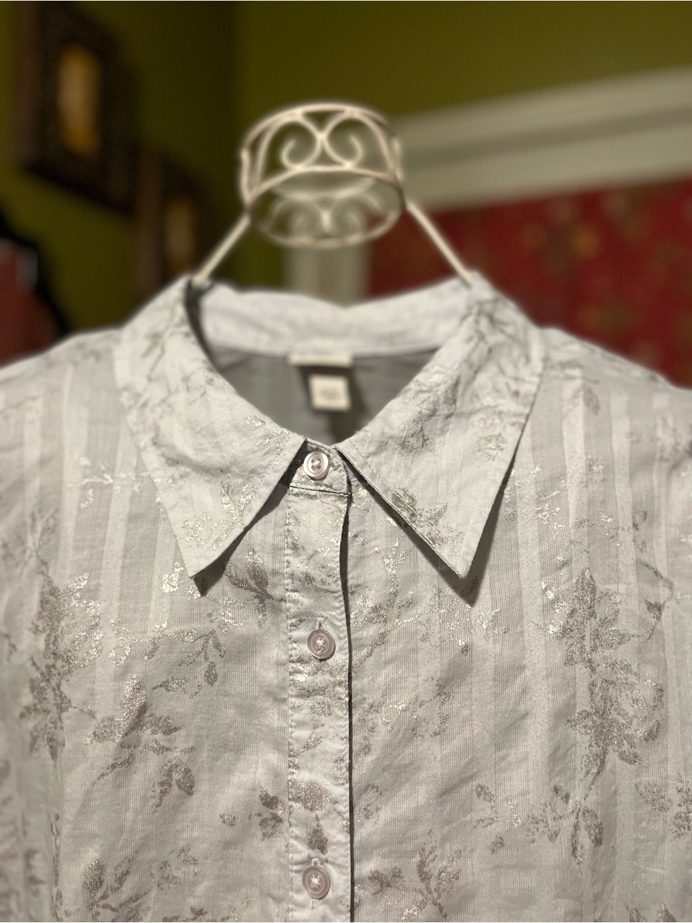 Venezia Lane Bryant Gray Silver Floral Stripe Textured Button Up Shirt 22 24